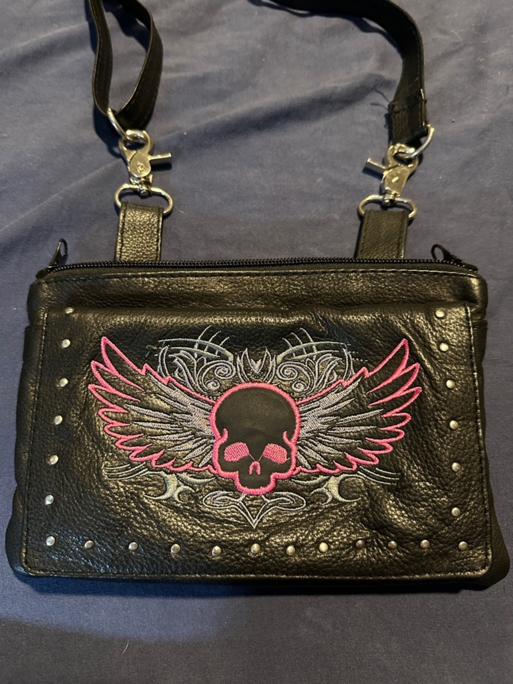 Black Winged Skull Crossbody Bag with Pink Accent- perfect for Bikers